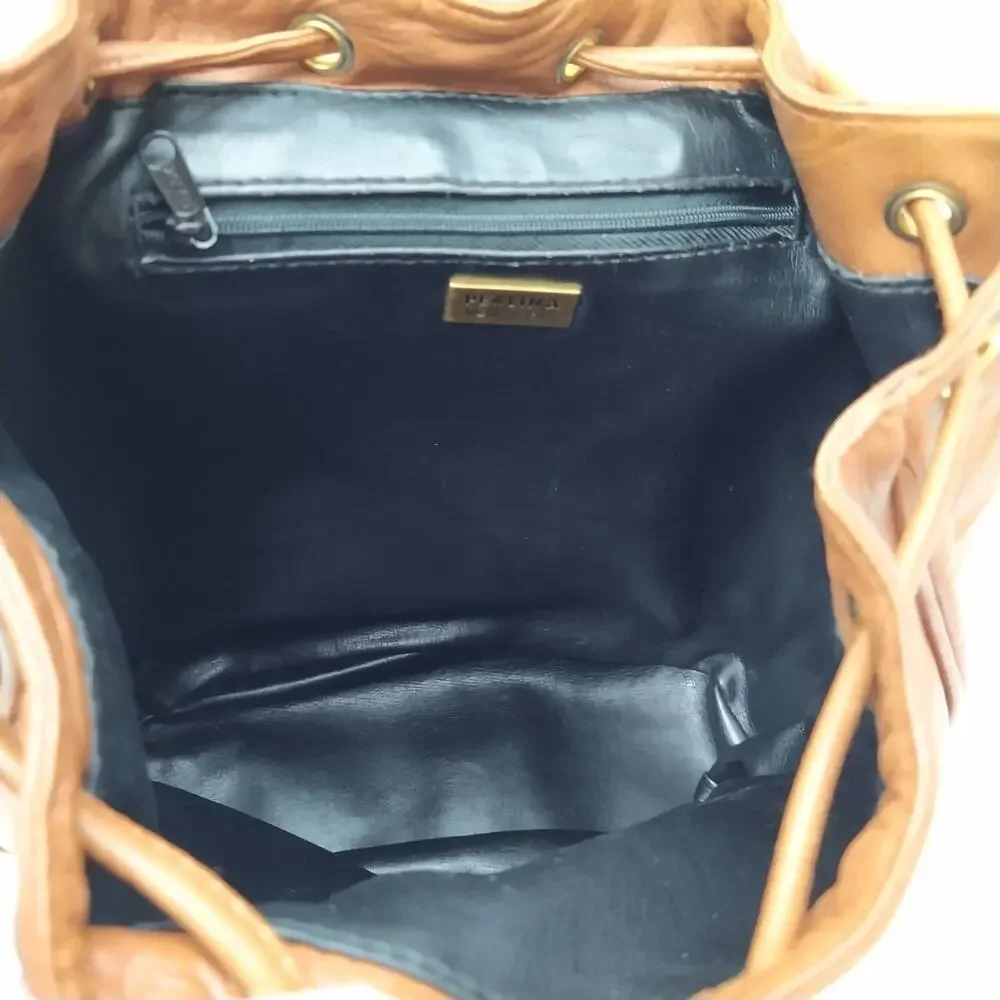 Perlina Brown Leather Zipper Pockets Flap Top Handle Drawstring Backpack